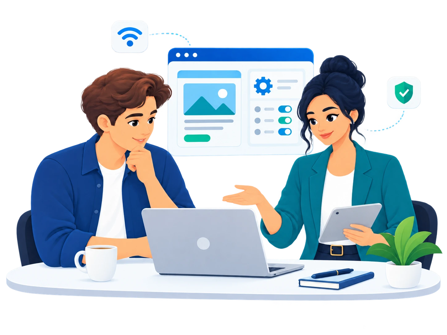 Illustratie van twee ondernemers die samenwerken aan een website en praktische ICT-oplossingen